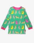 Cozy Organic Cotton Cat Print Two-Piece Pajama Set for Kids in Pink, Yellow and Gray by Toby Tiger at brixbailey.com