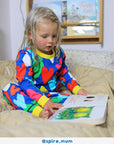 Luxury organic cotton pajamas with hand-drawn heart print, soft blue Toby Tiger fabric, bright yellow trim, premium comfort by Toby Tiger at brixbailey.com