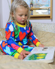 Luxury premium Toby Tiger sleepwear, soft organic cotton pajamas with hand-drawn heart print, light blue and yellow trim, best-selling kids pajama set by Toby Tiger at brixbailey.com