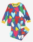 Luxury premium organic cotton pajamas with hand-drawn heart print, soft Toby Tiger fabric, light blue and yellow trim, GOTS certified by Toby Tiger at brixbailey.com