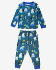 Premium kids organic cotton pajama set with arctic animal print, cozy blue penguin walrus polar bear sleepwear, soft GOTS certified bedtime pjs by Toby Tiger at brixbailey.com