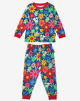 Premium organic cotton pajamas with floral print, stylish dark blue sleepwear with snowdrops, daisies, and tulips, soft and cozy kids pajama set by Toby Tiger at brixbailey.com