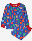 Premium organic cotton kids pajama set, cozy two-piece with camping bear print, soft GOTS-certified fabric, machine washable by Toby Tiger at brixbailey.com
