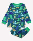 Premium Green and Blue Dinosaur Print Organic Cotton Kids Pajama Set, Soft GOTS Certified Two-Piece PJs with Eco-Friendly Colors by Toby Tiger at brixbailey.com