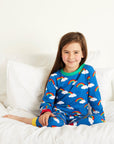 Premium organic cotton rainbow print pajama set for kids, soft certified GOTS fabric, comfortable two-piece sleepwear, blue with colorful rainbow design by Toby Tiger at brixbailey.com