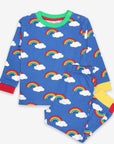 Premium organic cotton rainbow print pajama set for kids, soft GOTS certified fabric, comfortable two-piece sleepwear, stylish blue with colorful rainbow design by Toby Tiger at brixbailey.com