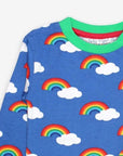 Premium organic cotton two-piece pajama set with rainbow print, soft certified GOTS fabric, snap buttons, machine washable, stylish kids sleepwear by Toby Tiger at brixbailey.com
