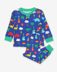 Premium kids pajama set with colorful dinosaur car guitar print, soft organic cotton, stylish blue red green design by Toby Tiger at brixbailey.com