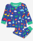 Premium kids pajama set with colorful blue dinosaur print, soft organic cotton, stylish and comfortable sleepwear by Toby Tiger at brixbailey.com
