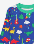 Premium kids pajama set with colorful blue dinosaur print, soft organic cotton, stylish and comfortable sleepwear by Toby Tiger at brixbailey.com