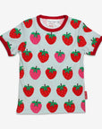 Premium Organic Strawberry Print Kids Pajama Set - Soft 2-Piece Blue PJs with Red and Pink Strawberries, GOTS Certified Cotton by Toby Tiger at brixbailey.com