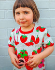 Premium Soft Organic Strawberry Print 2-Piece Kids Pajama Set in Blue with Red and Pink Strawberries, GOTS Certified Cotton by Toby Tiger at brixbailey.com