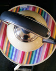 Luxury rainbow chef pad for Aga range cooker, handmade heat-retaining hob cover, premium recycled cotton, stylish UK woven fabric by Maison Elhoria at brixbailey.com