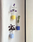 close-up of a blue ribble wall vase mounted on a beige wall with a single dried flower