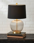 Black Ribbed Glass Table Lamp with Velvet Shade