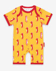 Luxury baby romper with seahorse design, short legs, snap buttons, premium organic cotton, stylish red trim, trending summer outfit by Toby Tiger at brixbailey.com