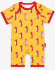 Luxury baby romper with short legs, stylish seahorse design, red trim, snap buttons, GOTS certified organic cotton, machine washable by Toby Tiger at brixbailey.com