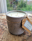 Luxury concrete scented candle in minimalist cement pot, handcrafted with premium fragrances like vintage bookshop, zen, enchanted forest, rock salt amber, vegan cruelty-free by Ralph's Orchard at brixbailey.com