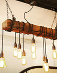 Rustic Oak Beam Chandelier with Wrapped Cables and Steel Brackets