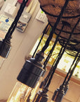 Rustic Oak Beam Chandelier with Wrapped Cables and Steel Brackets