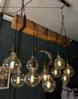 Rustic Oak Beam Chandelier with Wrapped Cables and Steel Brackets
