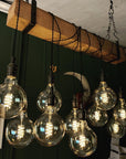 Rustic Oak Beam Chandelier with Wrapped Cables and Steel Brackets