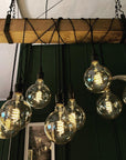 Rustic Oak Beam Chandelier with Wrapped Cables and Steel Brackets