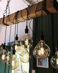Rustic Oak Beam Chandelier with Wrapped Cables and Steel Brackets