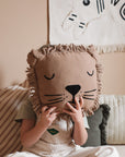 Premium Nobodinoz lion cushion with sleepy face embroidery and curly fringe, soft plush toy for kids by Ella James at brixbailey.com