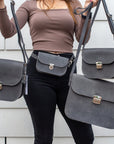 Natural Leather Large Saddle Bag in Grey