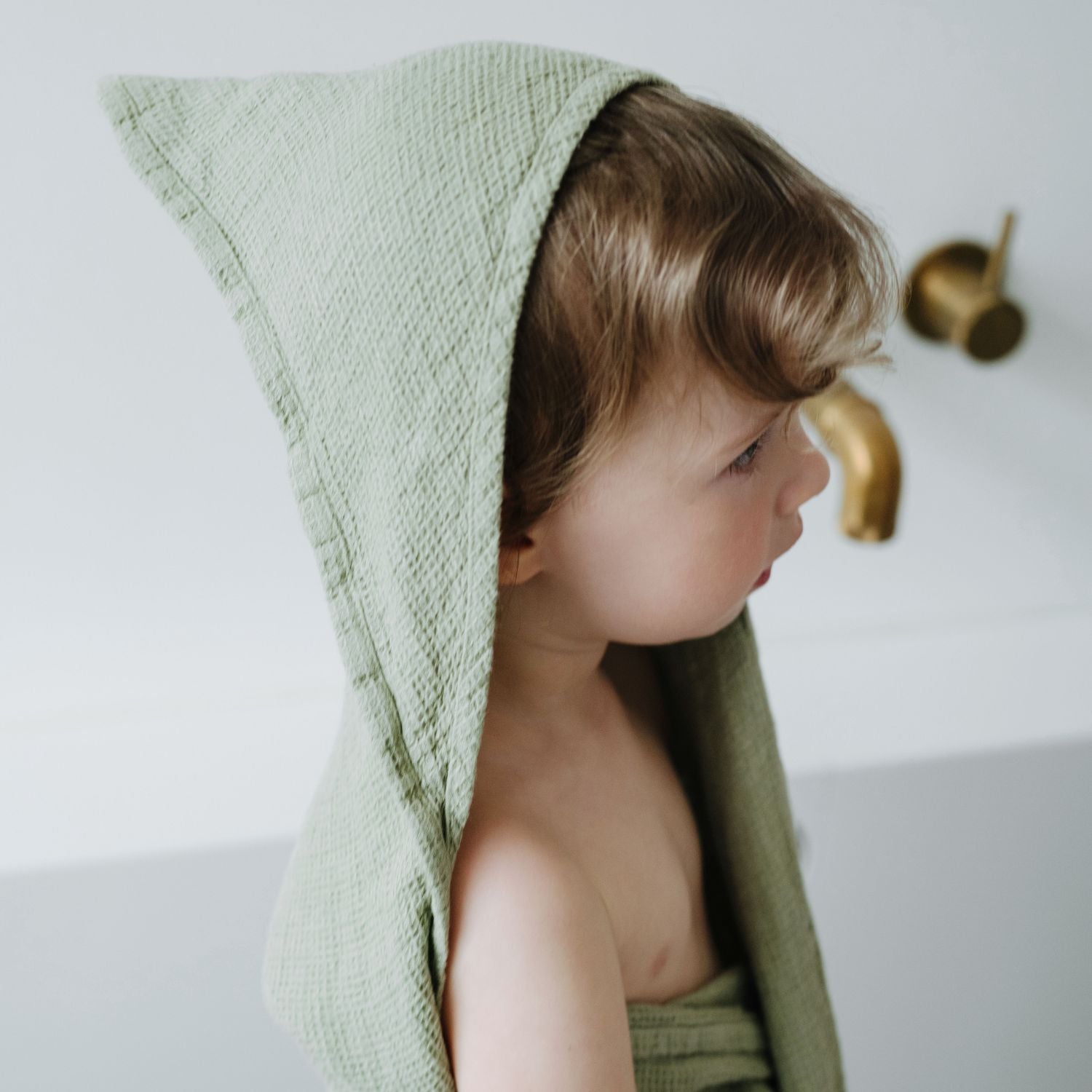 Linen Waffle Hooded Towel for Kids Sage