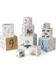 Premium stacking blocks set, 10-piece educational toy with animal illustrations, numbers 1-10, Danish-designed for learning and play by Ella James at brixbailey.com