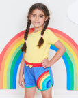 Retro Rainbow Applique Blue Shorts in Soft GOTS Certified Organic Cotton for Kids and Summer Outfits by Toby Tiger at brixbailey.com