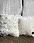 Luxury shearling throw cushion, 45cm square, clotted cream and cream velvet, duck feather down filling, handcrafted, premium home decor by Wildash London at brixbailey.com