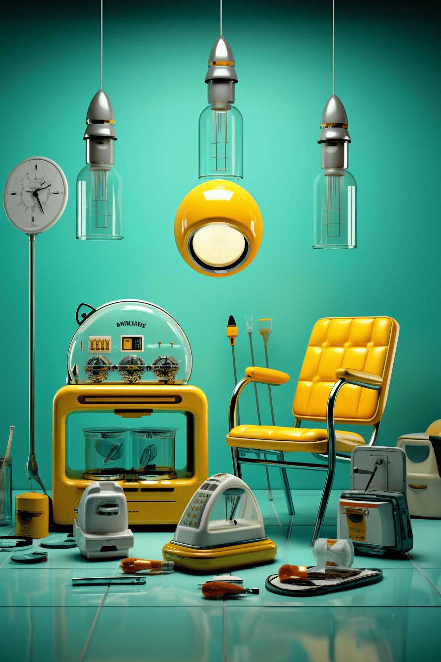 Vintage-style room with yellow chair, light bulbs, and retro equipment on a teal background on BRix + Bailey marketplace