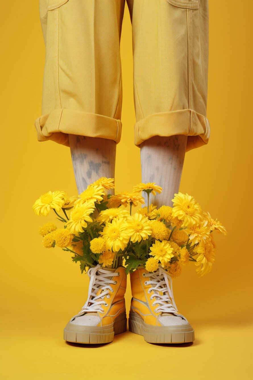 Person wearing yellow pants and high-top sneakers with yellow flowers on a yellow background on Shop By Values Brix + Bailey marketplace