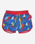 Premium organic sailboat print shorts, soft GOTS-certified cotton, adjustable drawstring waist, stylish red trim, trending summer fashion by Toby Tiger at brixbailey.com