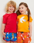 Luxury premium sailboat print organic cotton shorts, stylish red trim adjustable yellow drawstring, soft GOTS certified eco-friendly by Toby Tiger at brixbailey.com