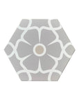 Premium Ella porcelain floor tiles, stylish hexagonal floral pattern, luxury anti-slip outdoor and indoor tiles, grey lilac color by Maria Starling Design at brixbailey.com