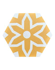 Luxury Fleur porcelain floor and wall tiles, yellow and white hex pattern, premium anti-slip matte finish, indoor-outdoor use by Maria Starling Design at brixbailey.com