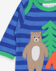 Luxury baby sleepwear, organic cotton striped romper with bear applique, soft GOTS-certified blue pajamas, trendy Toby Tiger design by Toby Tiger at brixbailey.com