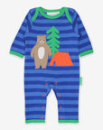 Luxury baby sleepwear, organic cotton striped pajamas with bear applique, soft blue romper, GOTS certified, machine washable by Toby Tiger at brixbailey.com