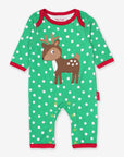 Adorable Fawn Print Baby Sleepsuit in Soft Organic Cotton with Green and White Polka Dots by Toby Tiger at brixbailey.com