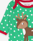 Adorable Fawn Print Baby Sleepsuit in Soft Organic Cotton with Green and White Polka Dots by Toby Tiger at brixbailey.com