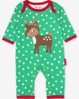 Adorable Fawn Print Baby Sleepsuit in Soft Organic Cotton with Green and White Polka Dots by Toby Tiger at brixbailey.com
