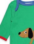 Premium organic cotton baby sleep suit with dog applique, GOTS certified, soft green romper with snap buttons by Toby Tiger at brixbailey.com