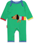 Premium organic cotton baby sleep suit with dog applique, GOTS certified, soft green one-piece pajama with snap buttons by Toby Tiger at brixbailey.com