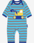 Premium Blue Striped Baby Sleepsuit with Excavator Print, Soft Organic Cotton, Snap Buttons, and Eco-Friendly Dye by Toby Tiger at brixbailey.com