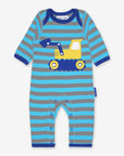 Premium Blue Striped Baby Jumpsuit with Excavator Print, Soft GOTS Certified Organic Cotton, Snap Buttons and Slip Neck by Toby Tiger at brixbailey.com