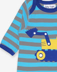 Premium Blue Striped Baby Sleepsuit with Excavator Print, Soft GOTS Certified Organic Cotton, Eco-Friendly Dye, Toby Tiger Design by Toby Tiger at brixbailey.com